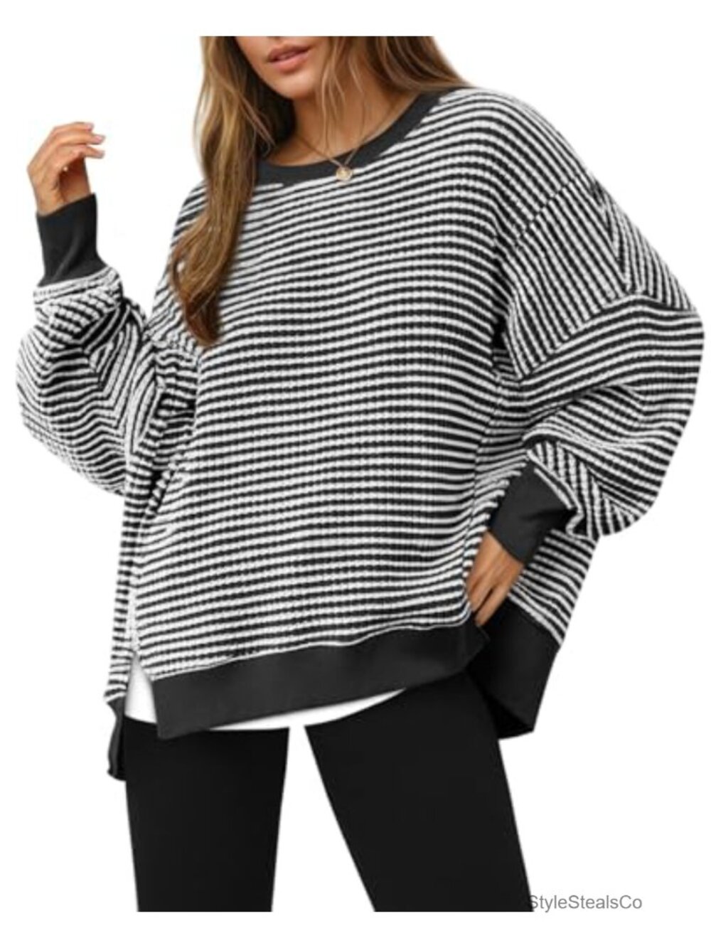 Oversized Waffle Knit Sweatshirt Long Sleeve Crewneck Tunic Pullover